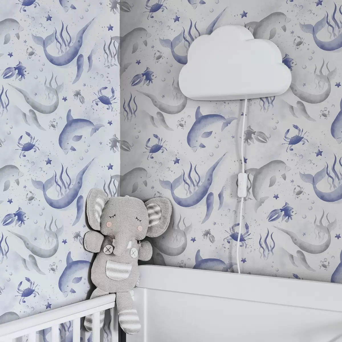 Papier peint Baleines et dauphins marins dans des tons bleus sur fond blanc a00720v1