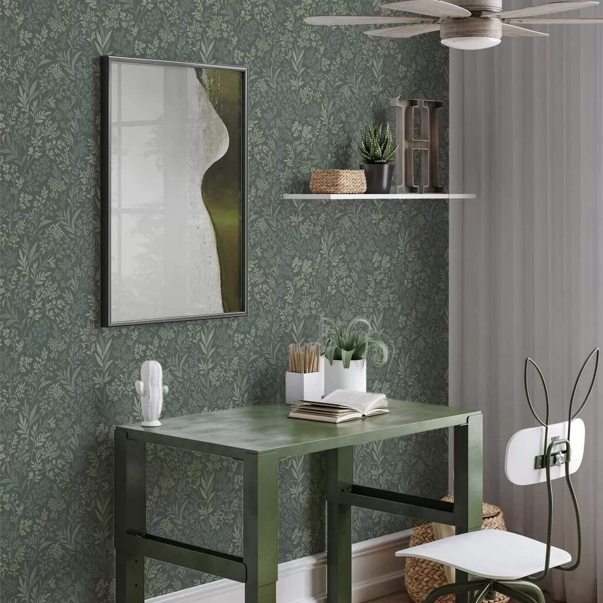 Behang Smaragdgroene grassen en bessen, fijn botanisch patroon a00740