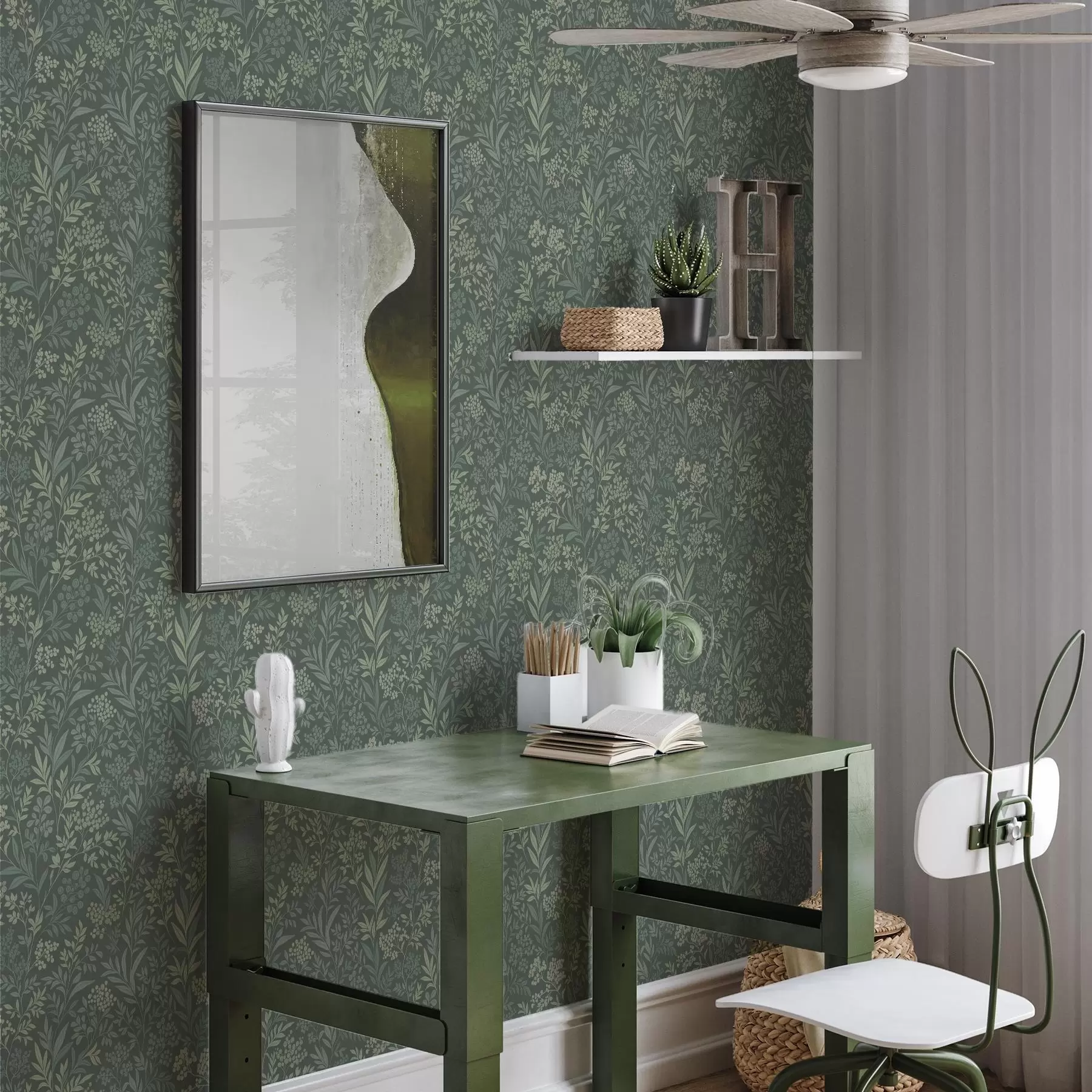 Fotobehang Smaragdgroene grassen en bessen, fijn botanisch patroon a00740