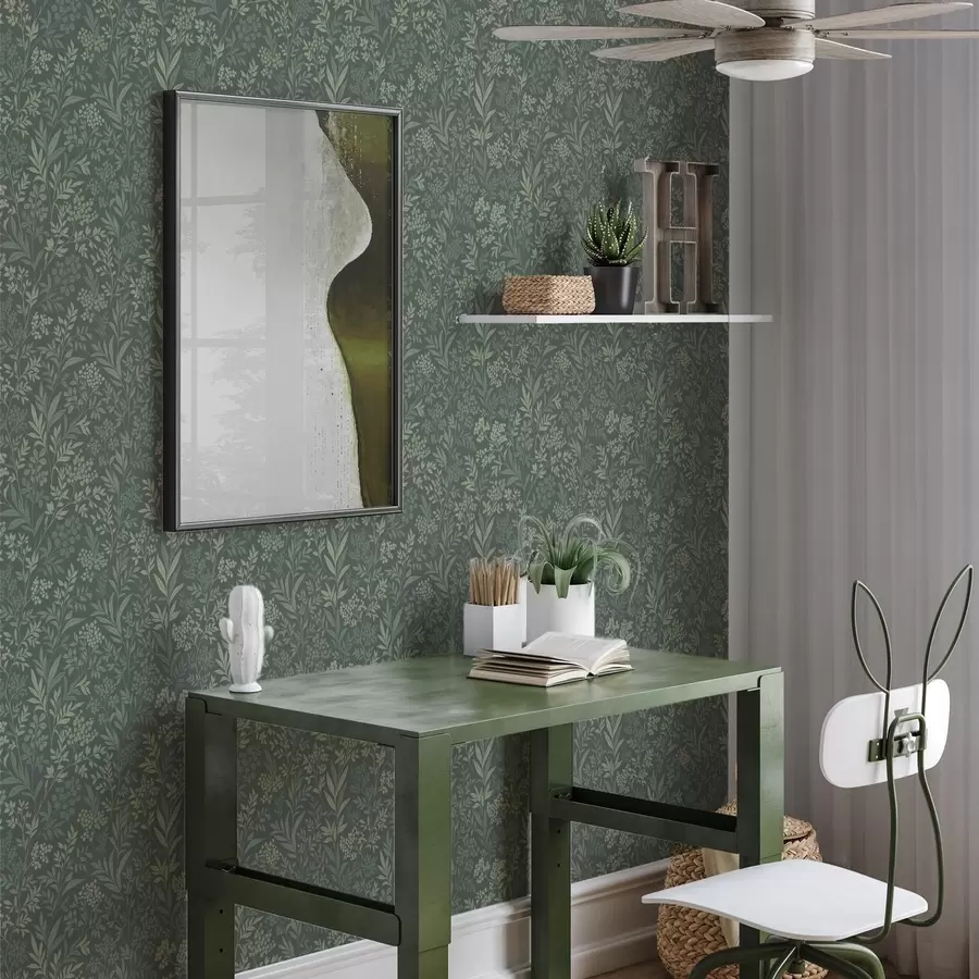 Papier peint photo Herbes et baies émeraude, motif botanique raffiné a00740