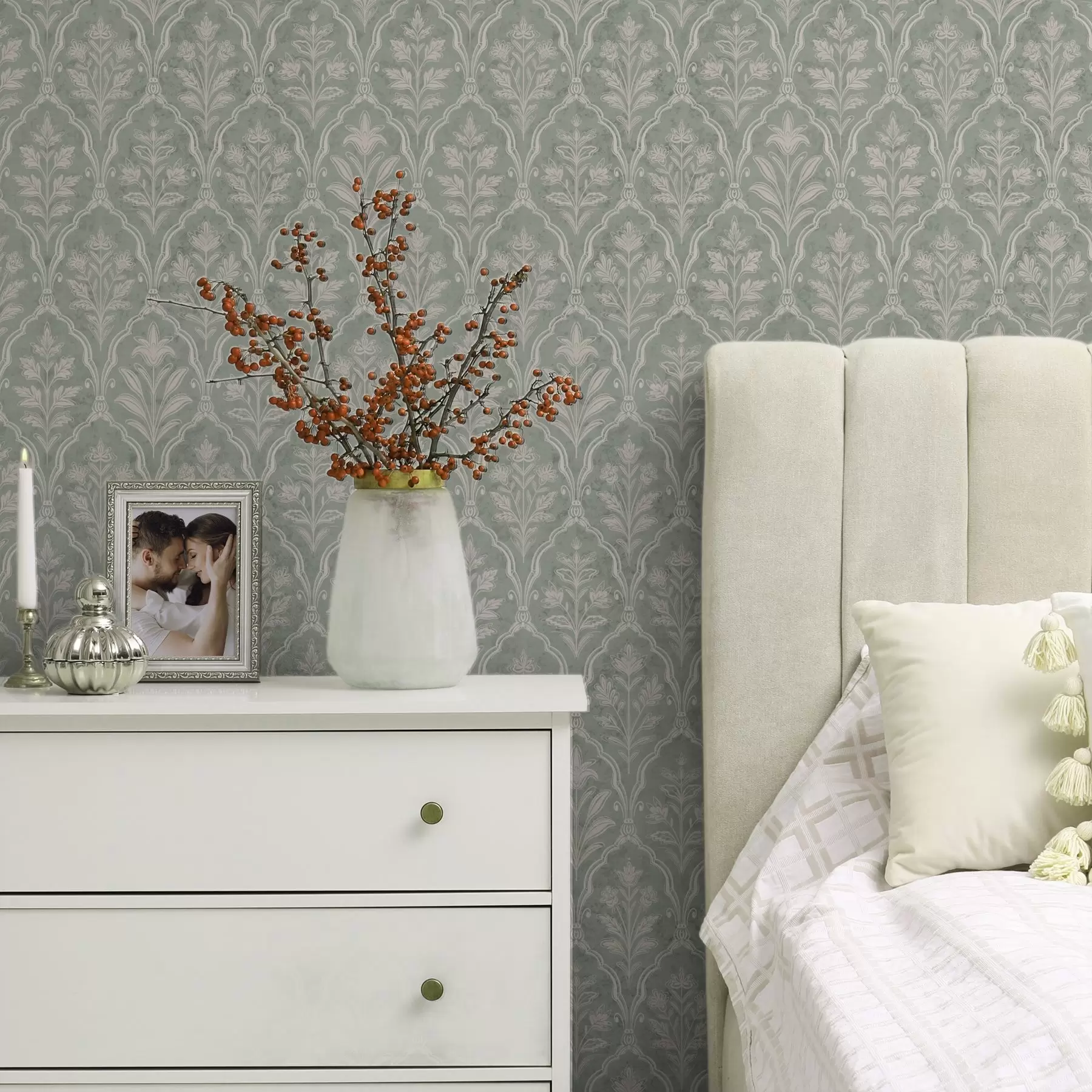 Fotobehang Mint damast met fijne bloemenmedaillons a00741