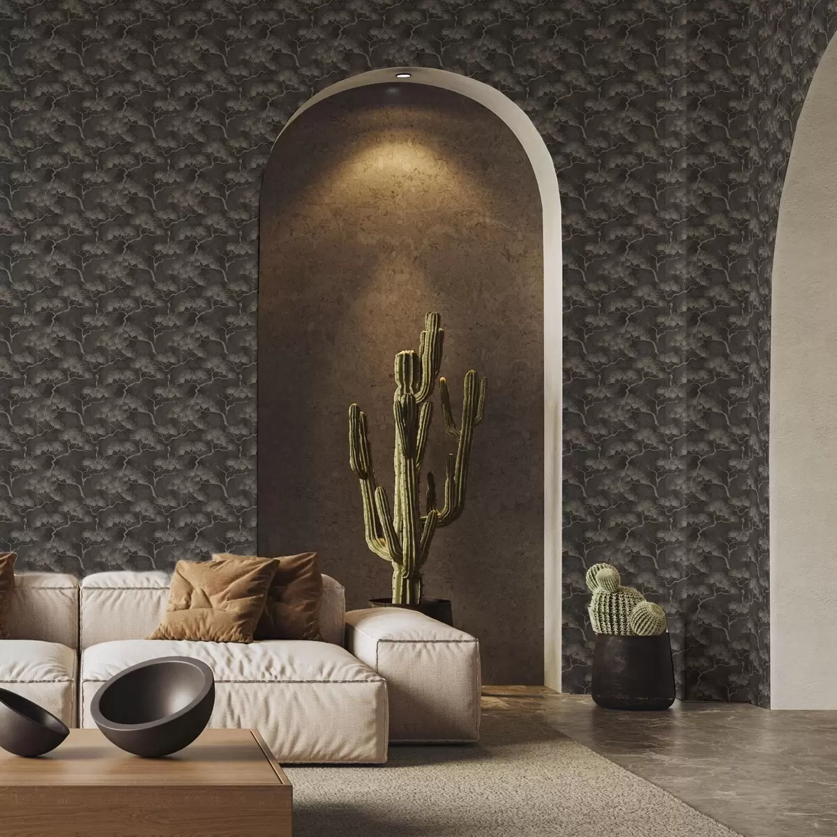 Papier peint Silhouettes de pins sur fond sombre, texture brumeuse a00742