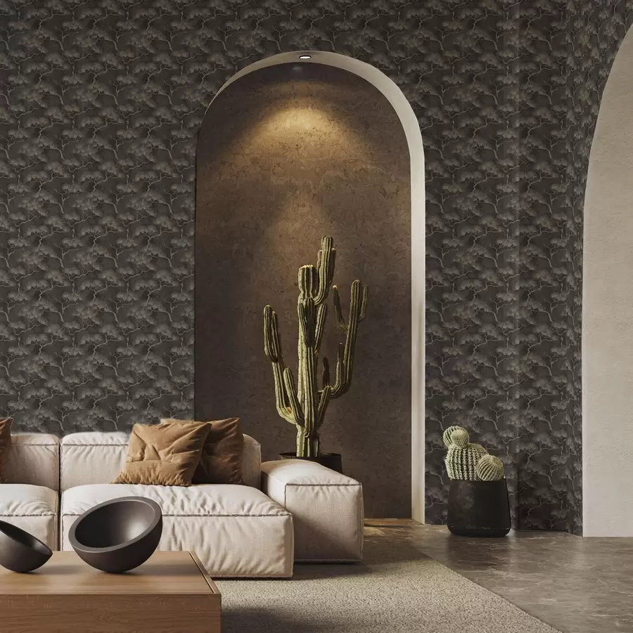 Papier peint photo Silhouettes de pins sur fond sombre, texture brumeuse a00742