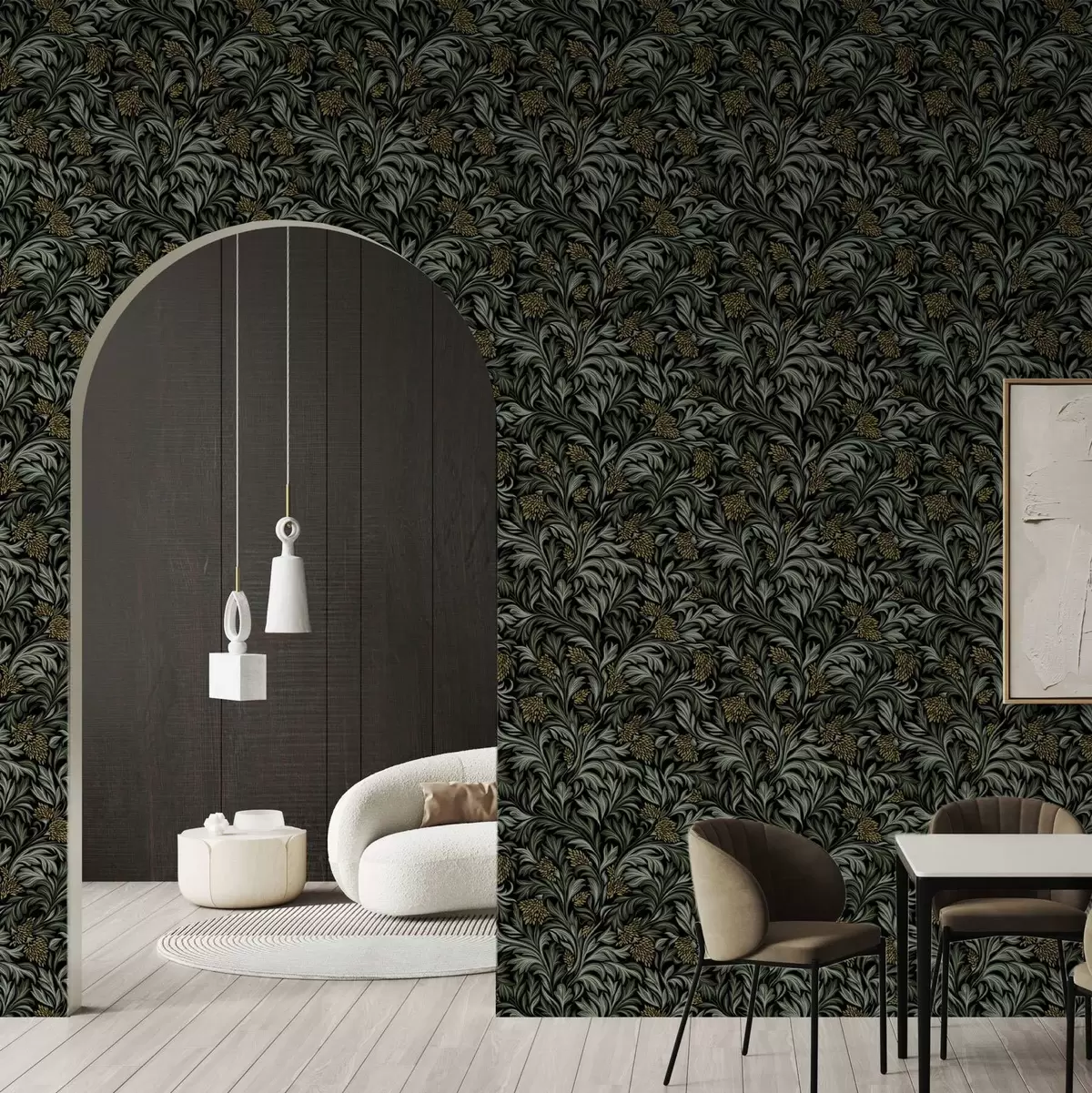 Behang Donkere acanthusbladeren met gele kegels op zwart a00745