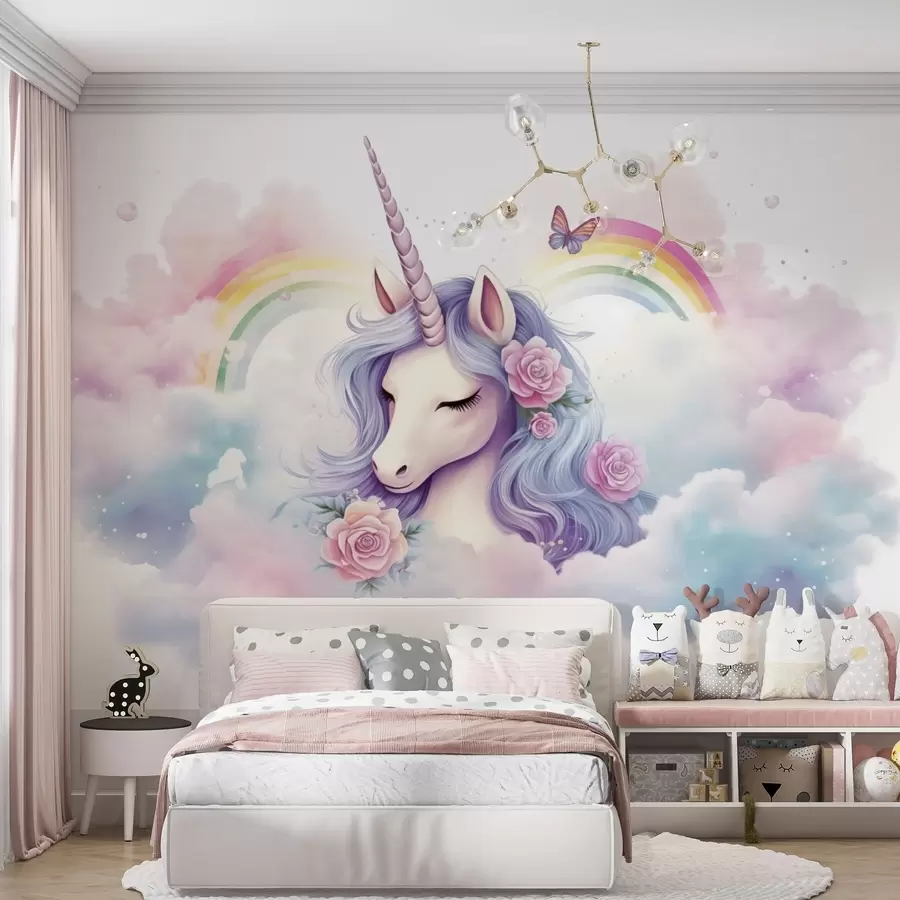 Papier peint photo Licorne pastel dans les nuages avec arc-en-ciel et roses w03990