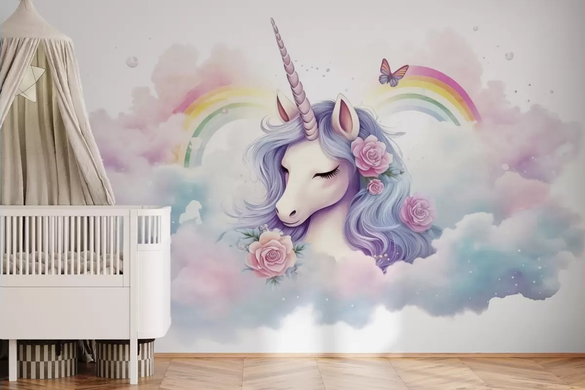 Fotobehang Pastelkleurige eenhoorn in wolken met regenboog en rozen w03990