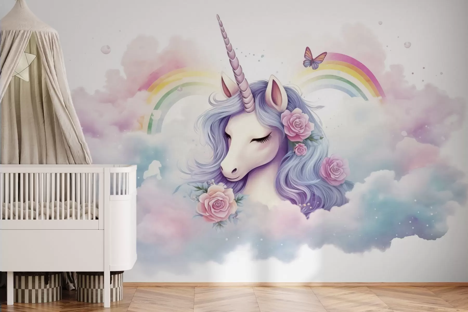 Fotobehang Pastelkleurige eenhoorn in wolken met regenboog en rozen w03990