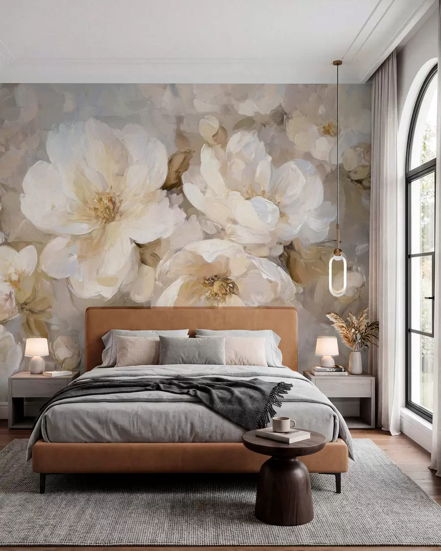 Papier peint photo grandes fleurs dans les tons blancs et beiges dans le style de la peinture à l'huile w04633