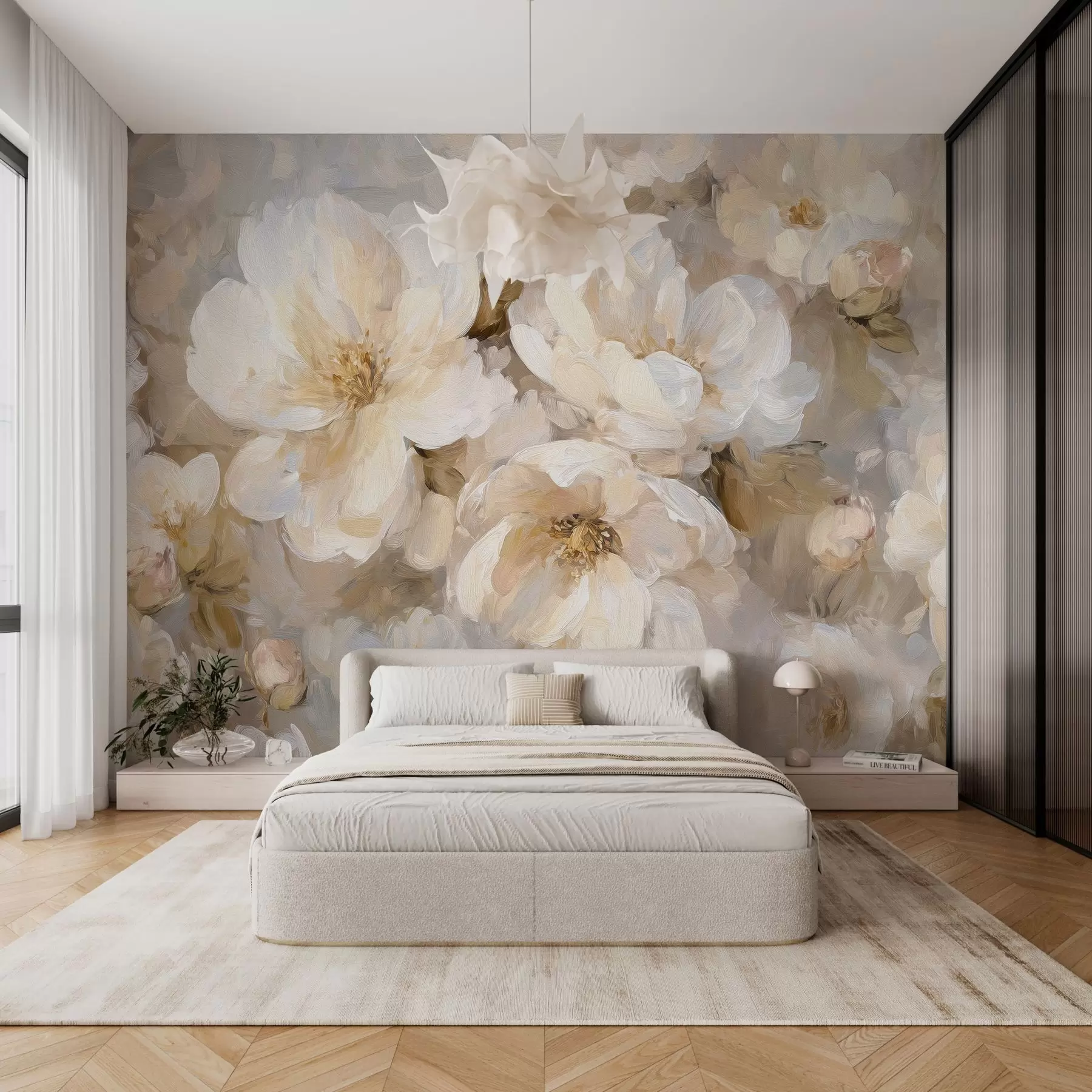 Papier peint photo grandes fleurs dans les tons blancs et beiges dans le style de la peinture à l'huile w04633
