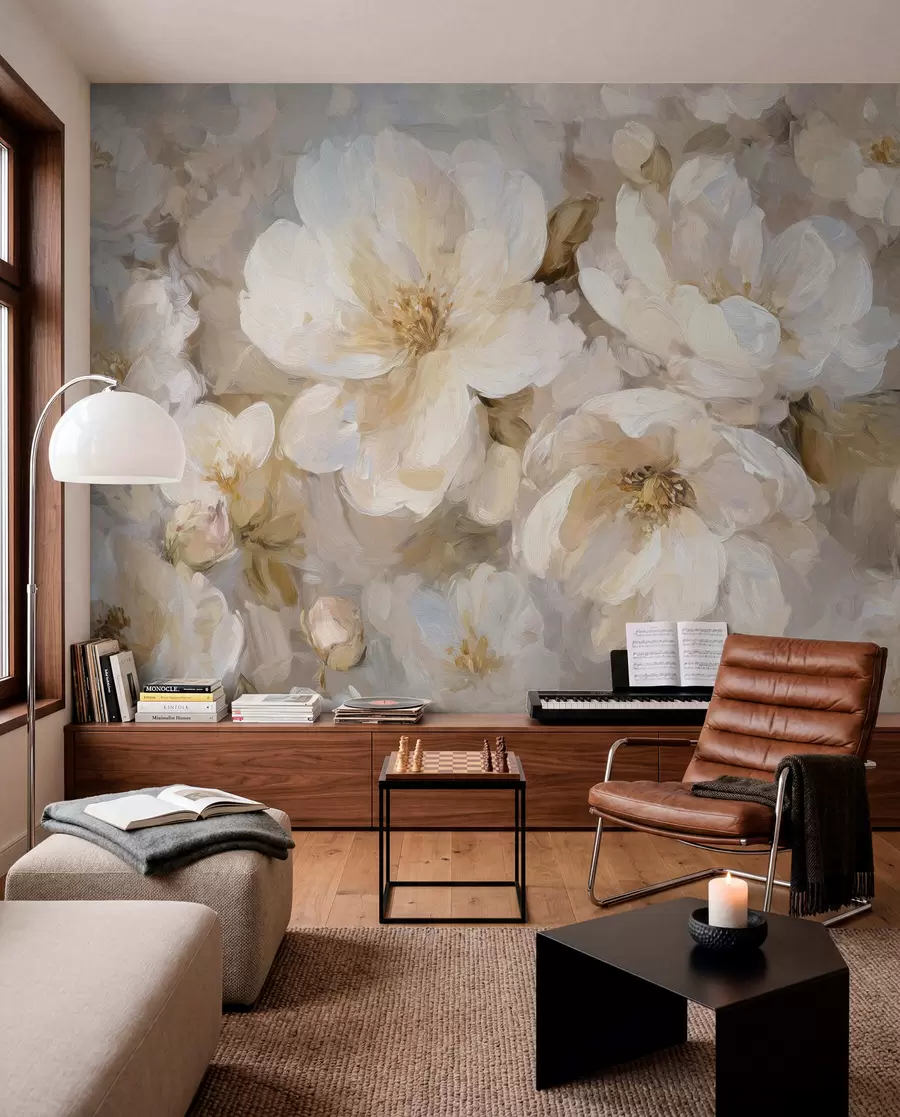 Fotobehang grote bloemen in witte en beige tinten in de stijl van een olieverfschilderij w04633