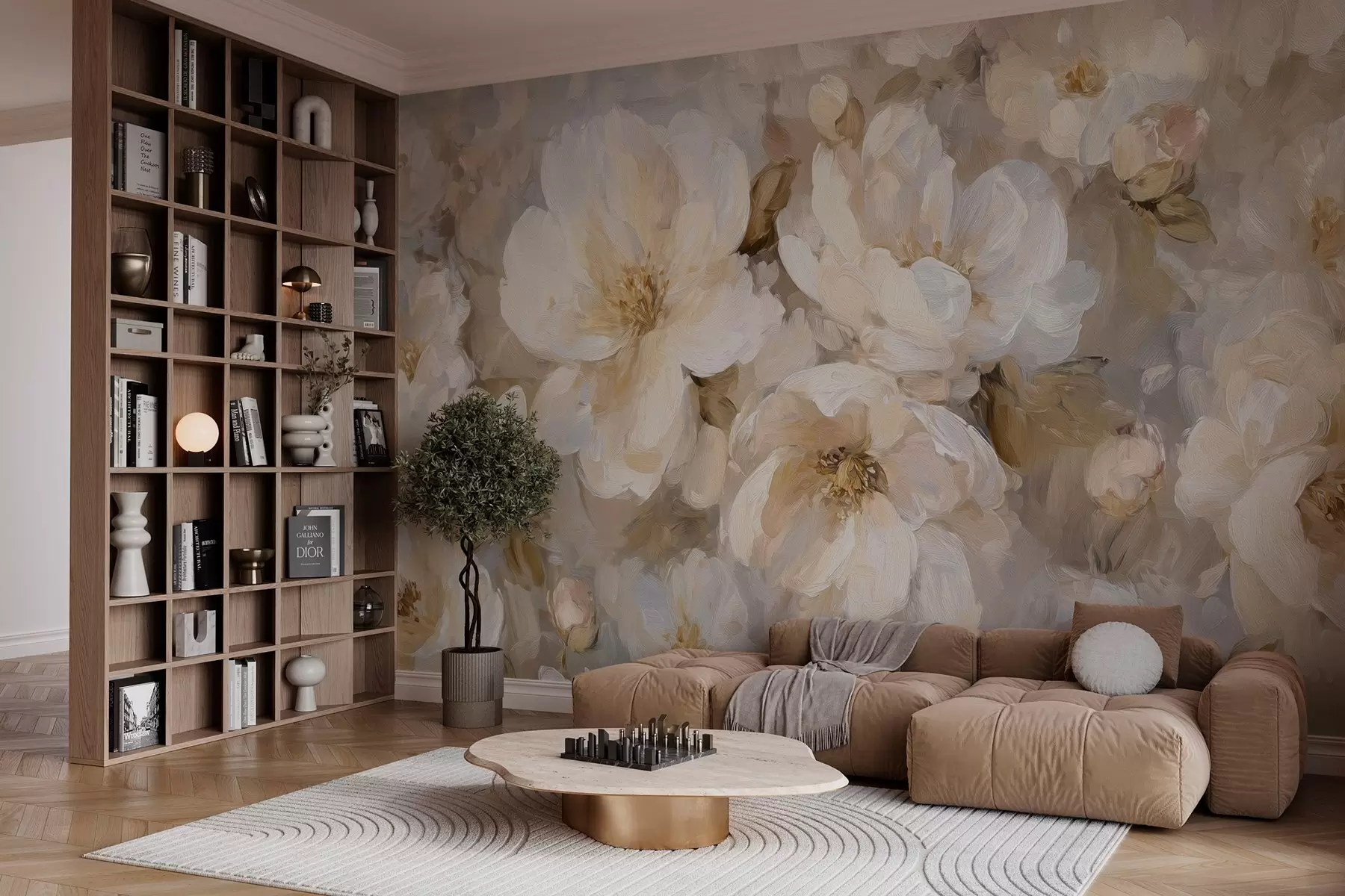 Fotobehang grote bloemen in witte en beige tinten in de stijl van een olieverfschilderij w04633