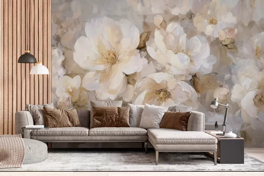 Fotobehang grote bloemen in witte en beige tinten in de stijl van een olieverfschilderij w04633