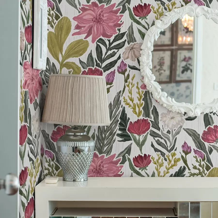 Fotobehang Weelderige roze en crèmekleurige bloemen op een witte achtergrond, impasto-textuur a00629v1