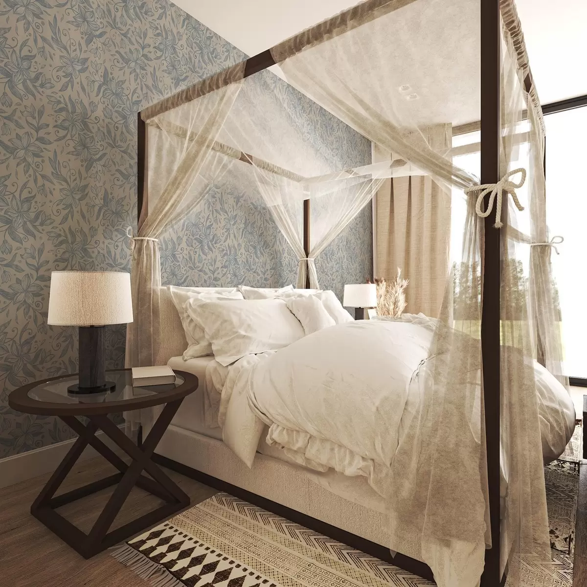 Papier peint Motif floral linéaire bleu sur fond beige chaud a00630v2