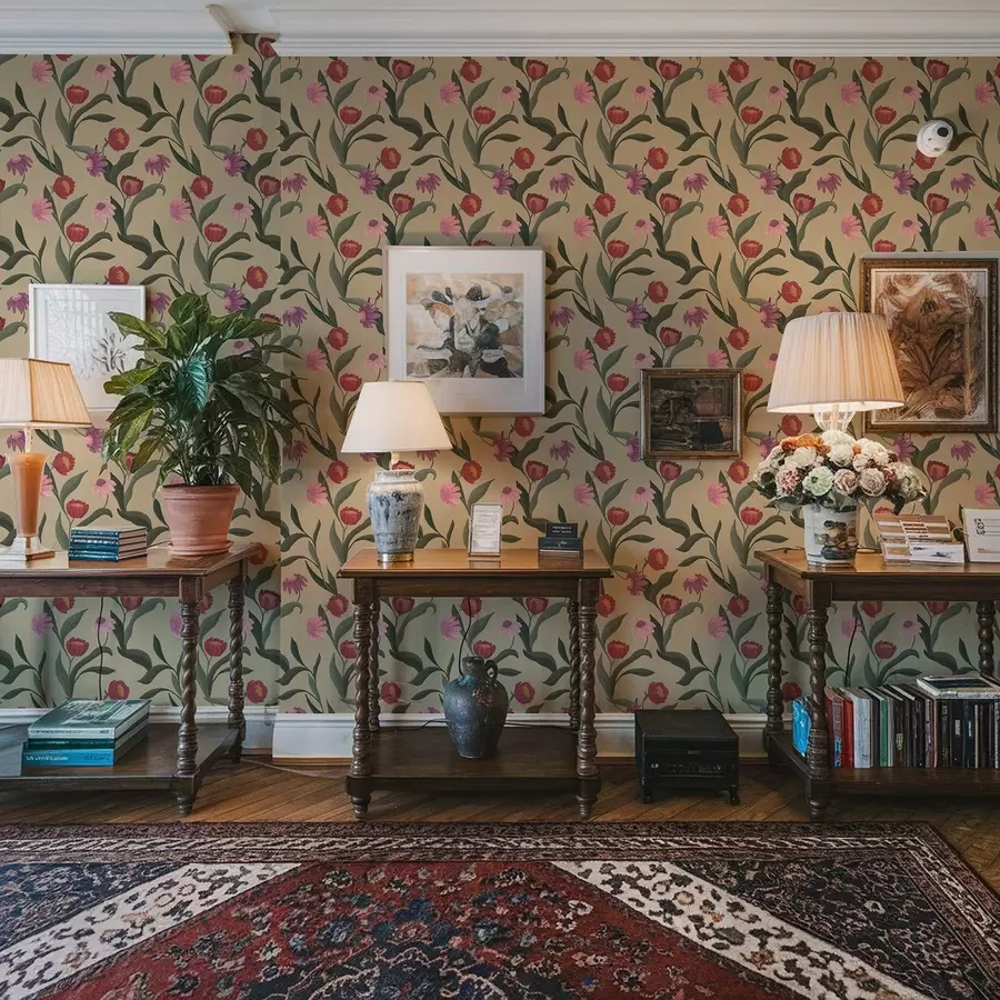 Fotobehang Rozerode bloemen op een beige achtergrond, handgetekende textuur a00631