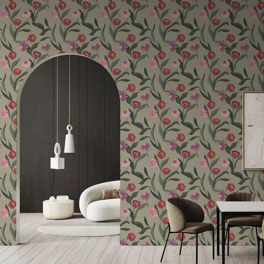 Fotobehang Rozerode bloemen op een olijfkleurige achtergrond, canvasstructuur a00631v1