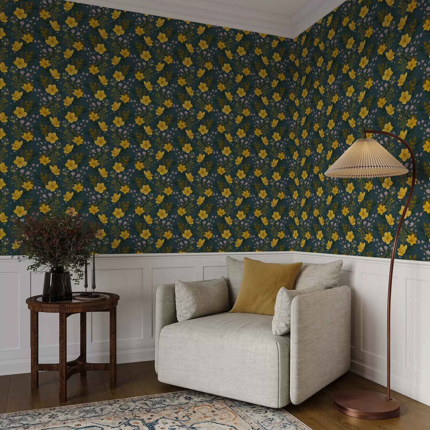 Papier peint photo Fleurs jaunes en guirlandes verticales sur fond bleu foncé a00632v2