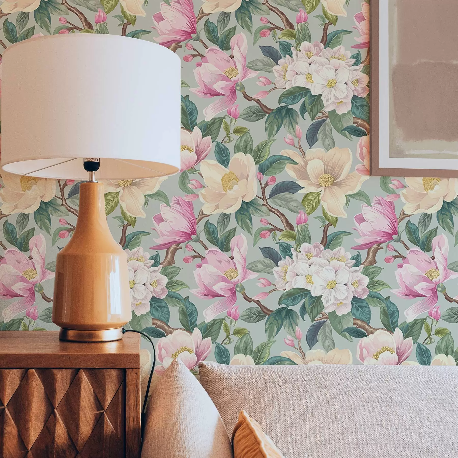 Papier peint photo Magnolias et fleurs blanches sur fond gris menthe a00644