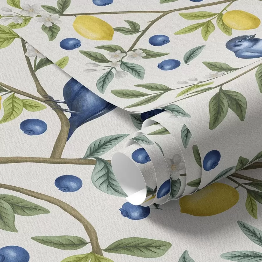 Papier peint photo Oiseaux bleus, citrons et baies sur fond blanc a00668