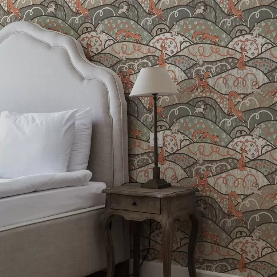 Fotobehang Vossen en hazen op golvende heuvels, retro patroon a00690