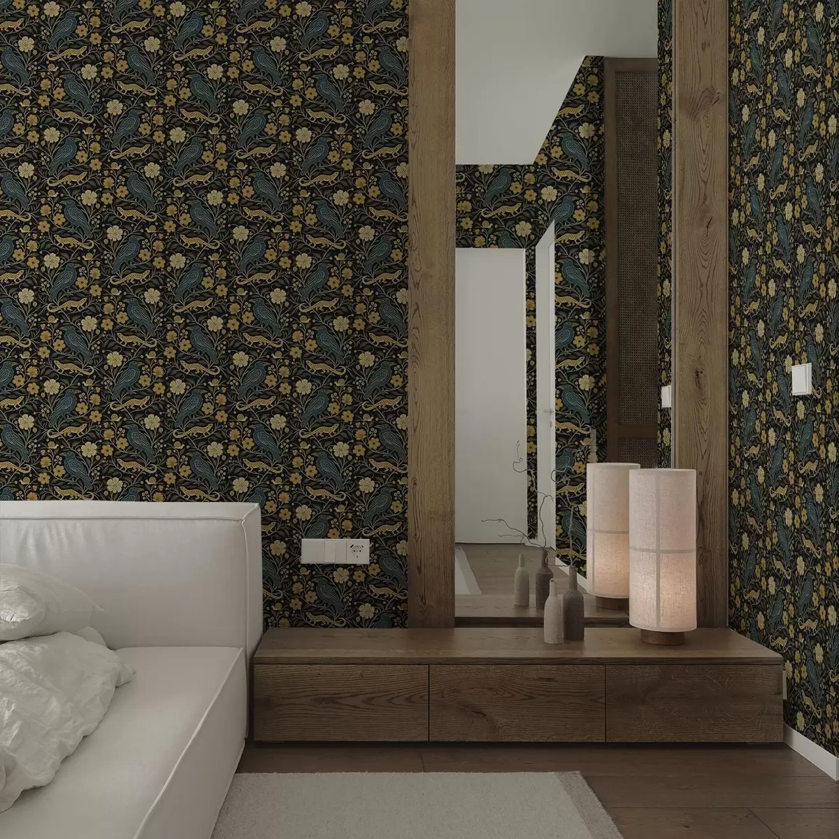 Behang Vogels, hagedissen en slakken tussen bloemen op een donkere achtergrond a00691