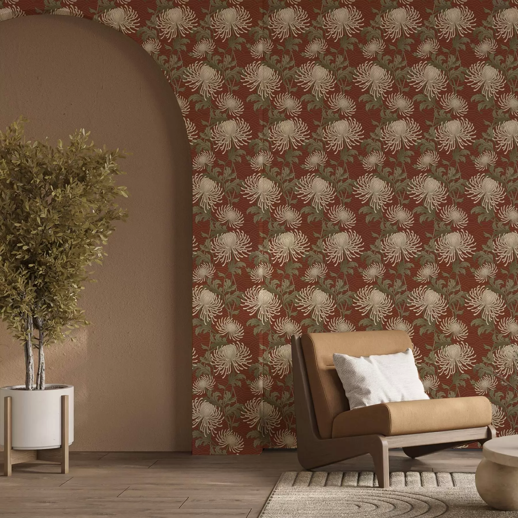 Fotobehang Crèmekleurige chrysanten op een terracotta achtergrond, Aziatische stijl a00693