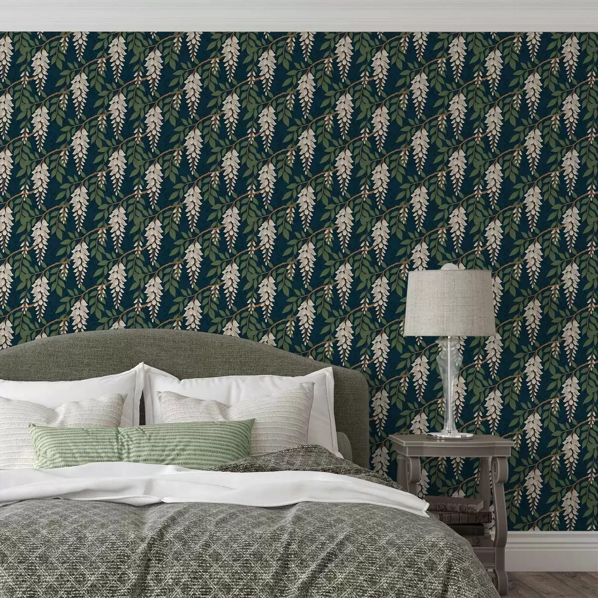 Papier peint Glycine ivoire sur fond bleu sarcelle foncé a00694v1