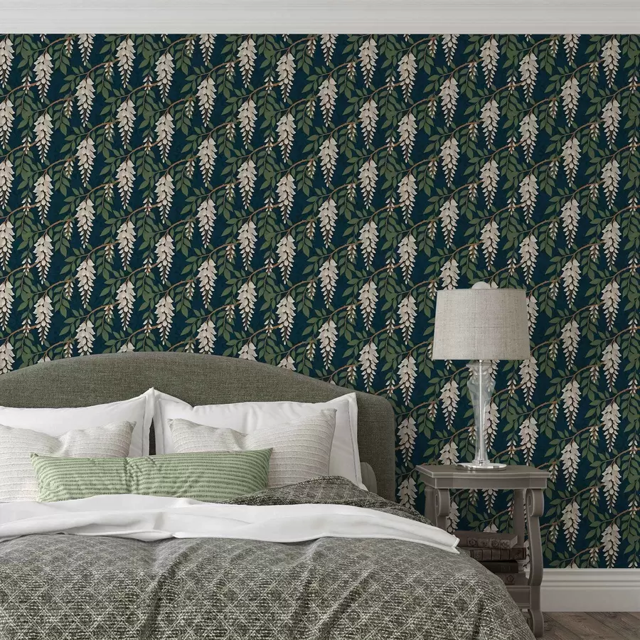 Papier peint photo Glycine ivoire sur fond bleu sarcelle foncé a00694v1