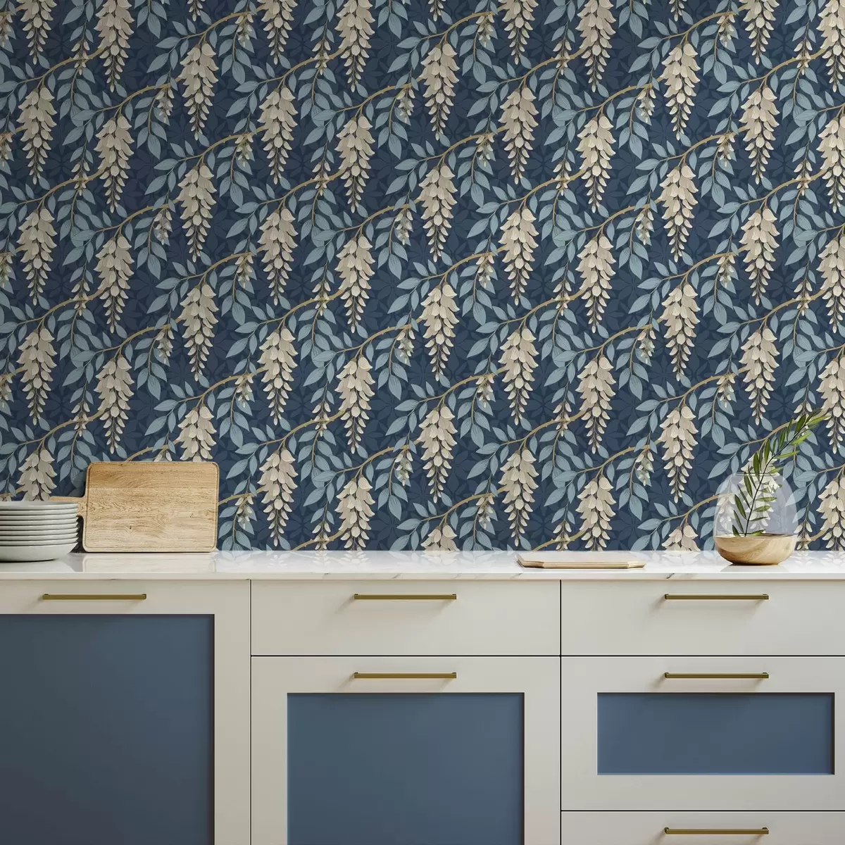 Papier peint Glycine à feuilles bleues sur fond bleu foncé a00694v2