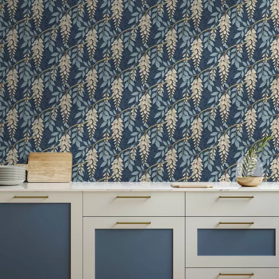 Papier peint photo Glycine à feuilles bleues sur fond bleu foncé a00694v2