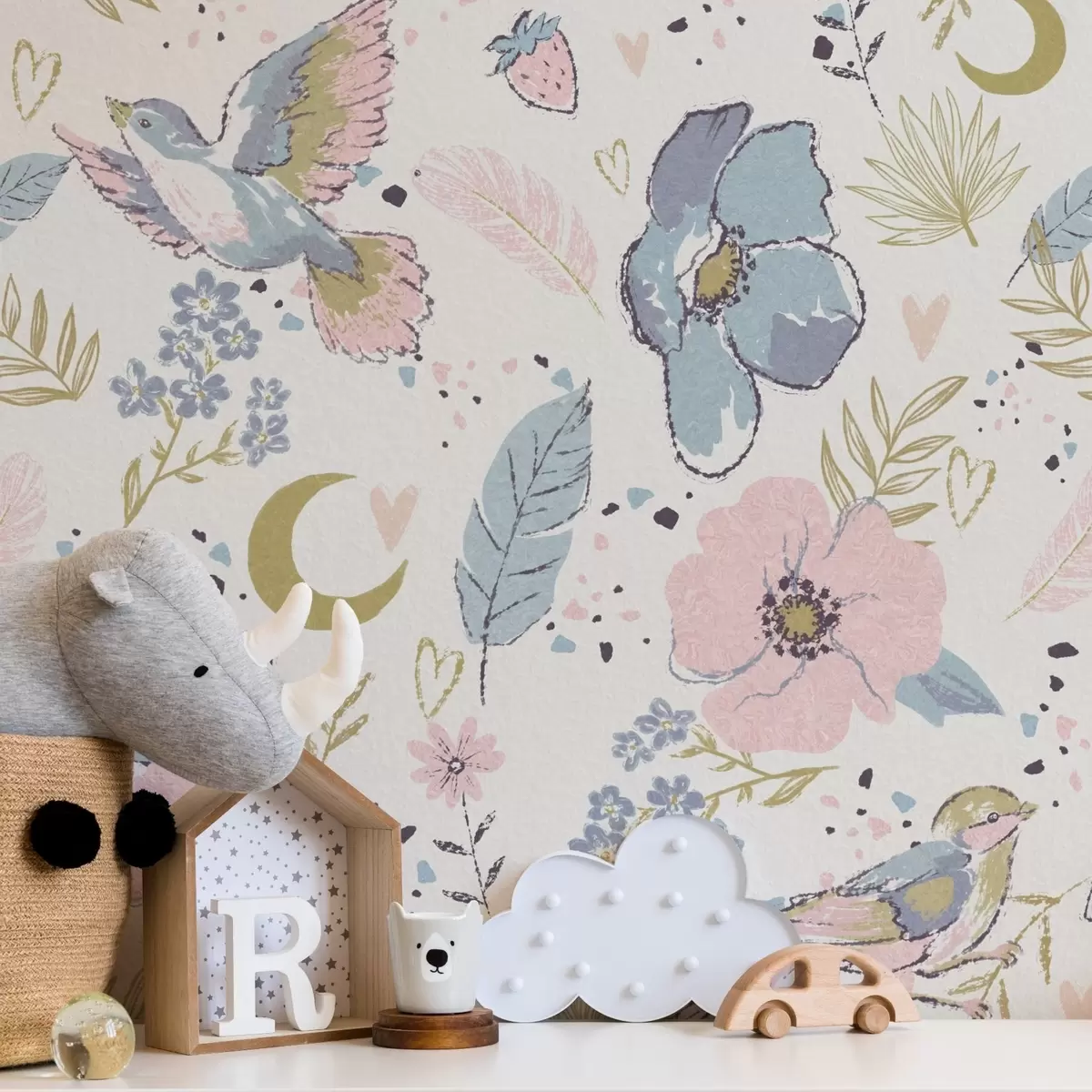 Behang Pastelkleurige vogels en bloemen met halve manen op een witte achtergrond a00721