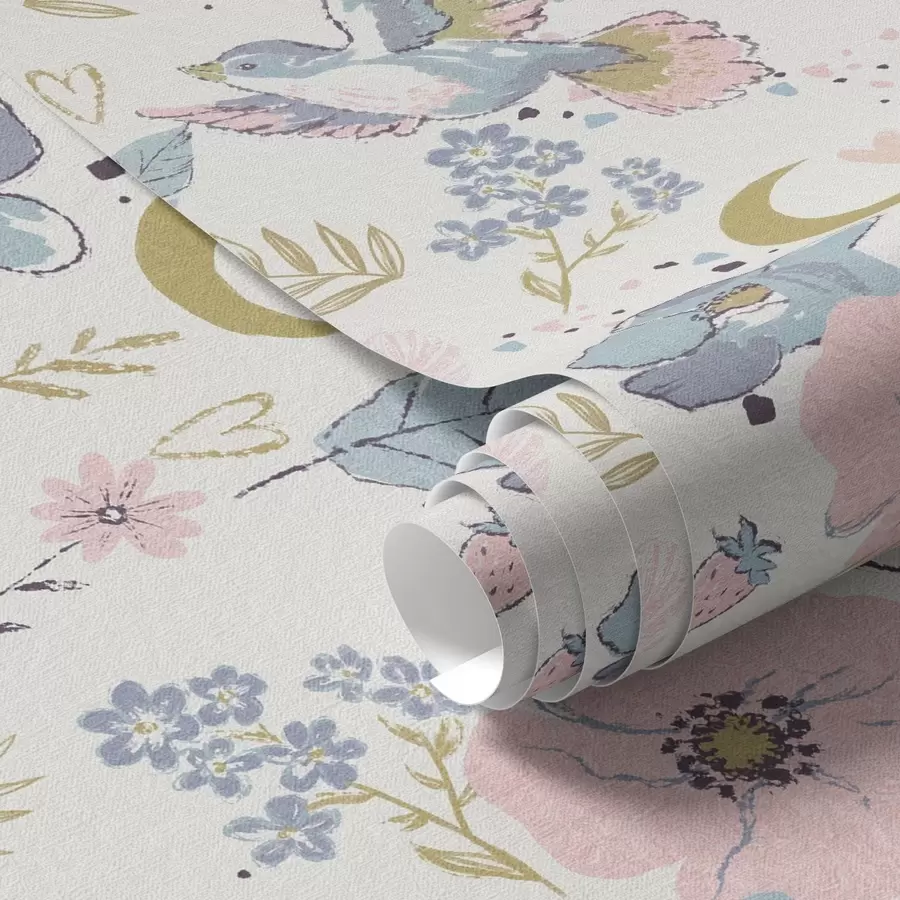 Papier peint photo Oiseaux et fleurs pastel avec des croissants de lune sur fond blanc a00721