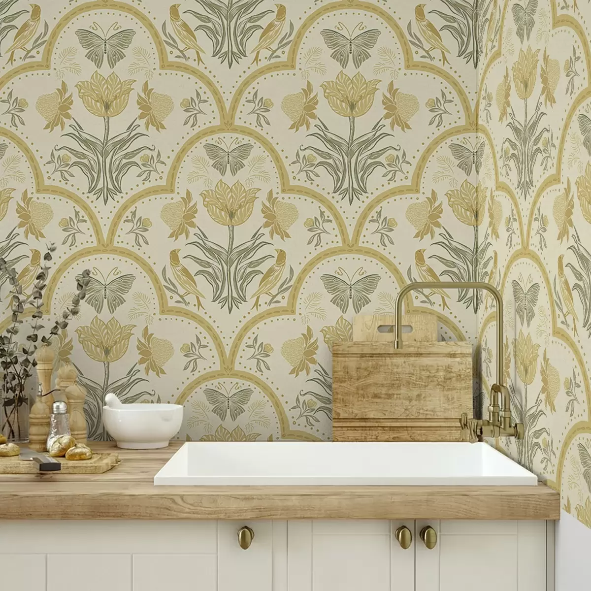 Papier peint Ornement avec une tulipe, des oiseaux et des papillons, ocre a00722