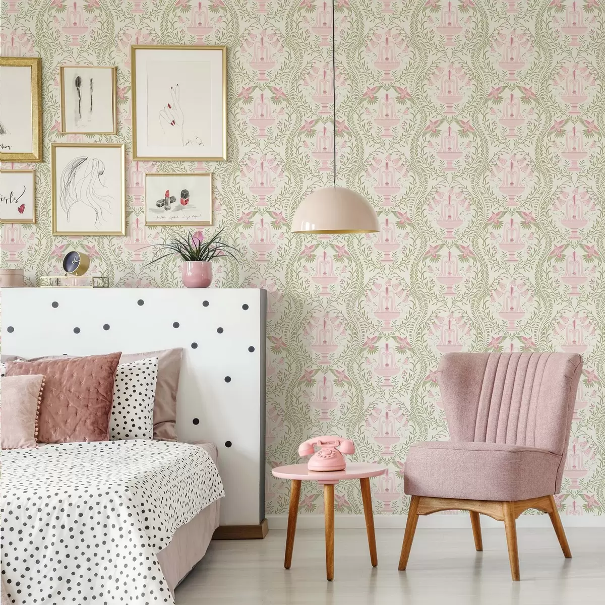 Behang Fonteinen, kolibries en groene krullen op een lichte achtergrond a00723