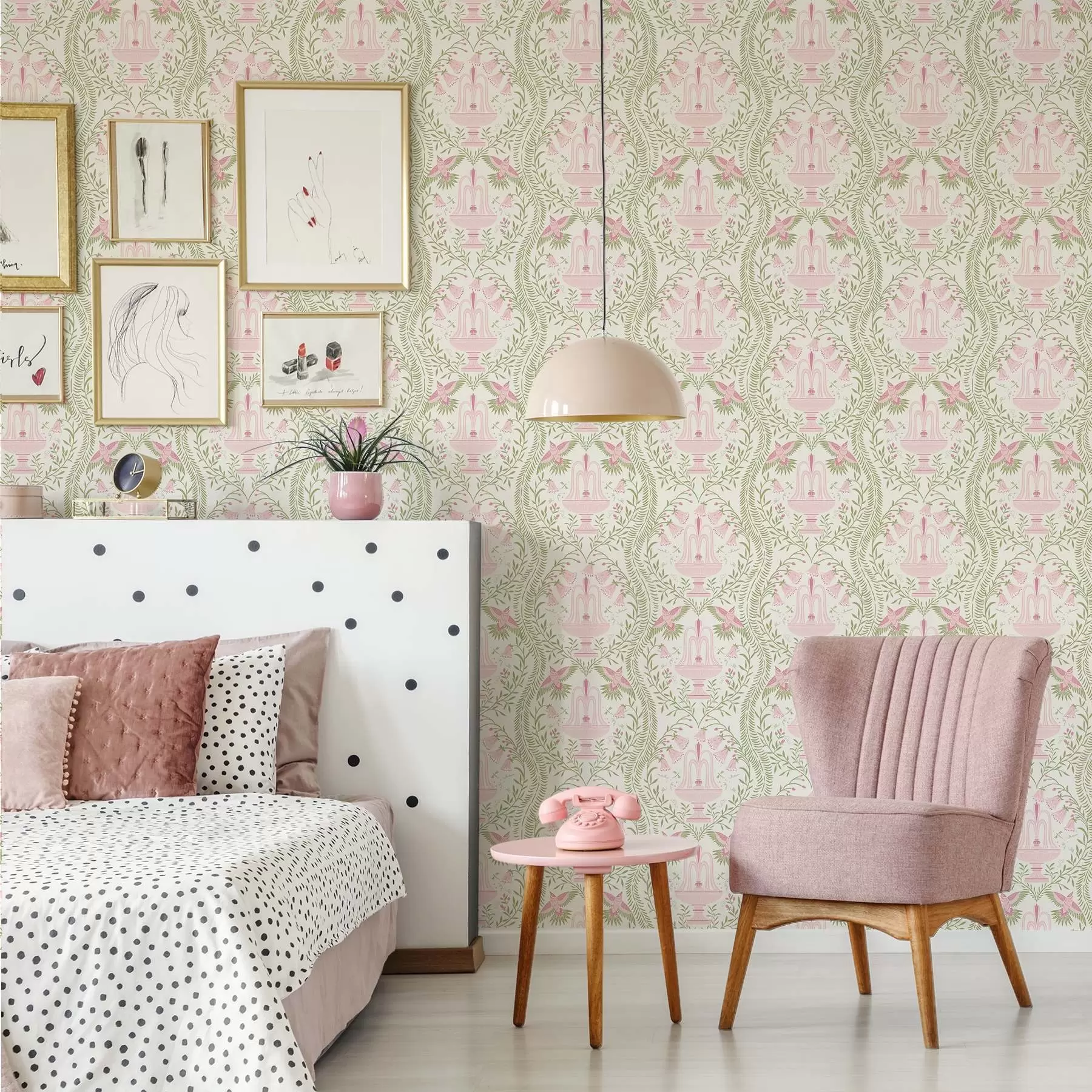 Papier peint photo Fontaines, colibris et volutes vertes sur fond clair a00723