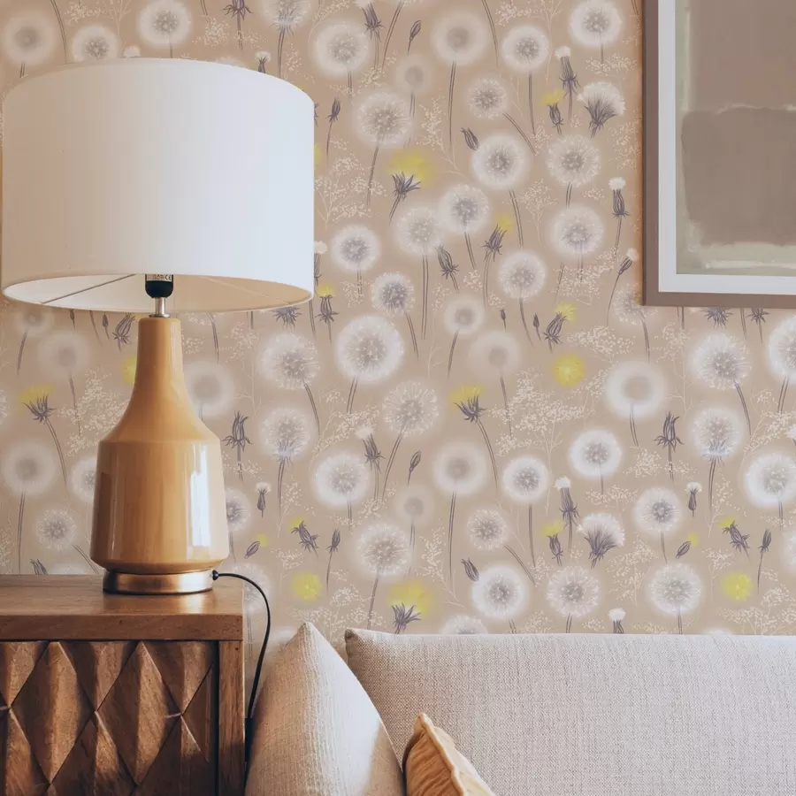 Fotobehang Paardenbloemen en zaden op een perzikkleurige achtergrond a00790v1