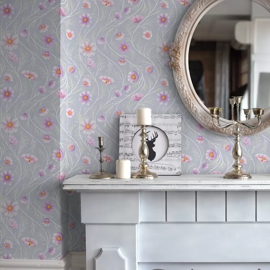 Fotobehang Roze cosmos en slanke stelen op een grijze achtergrond a00791