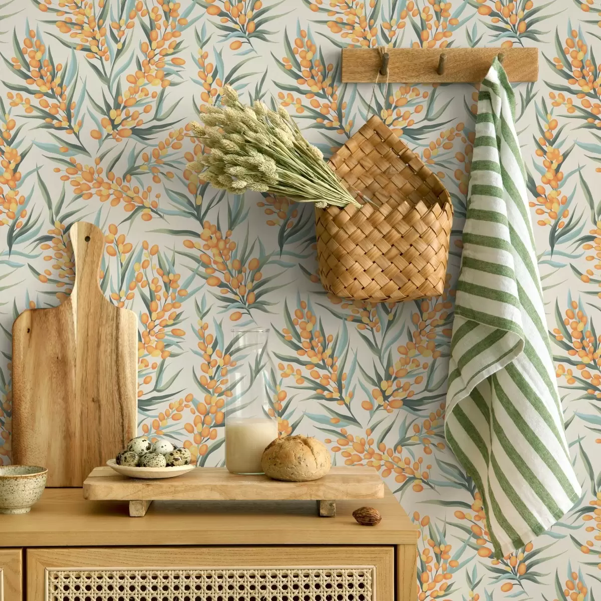 Behang Duindoorn takken met oranje bessen, lichte achtergrond a00792