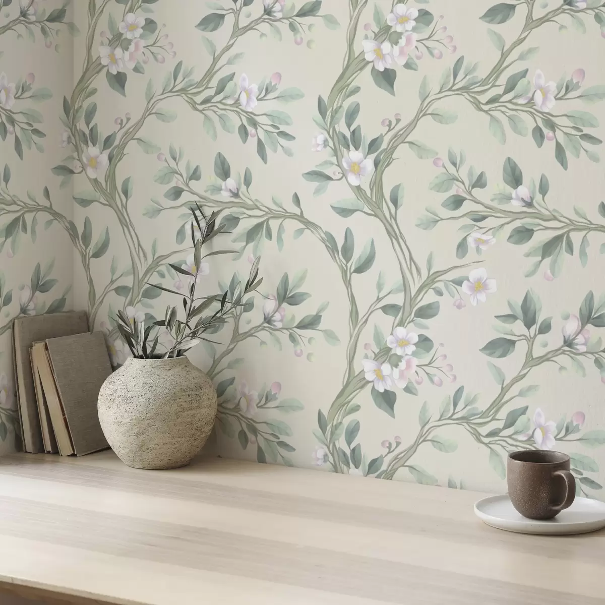 Papier peint Branches délicatement fleuries sur fond crème, couleurs pastel a00793