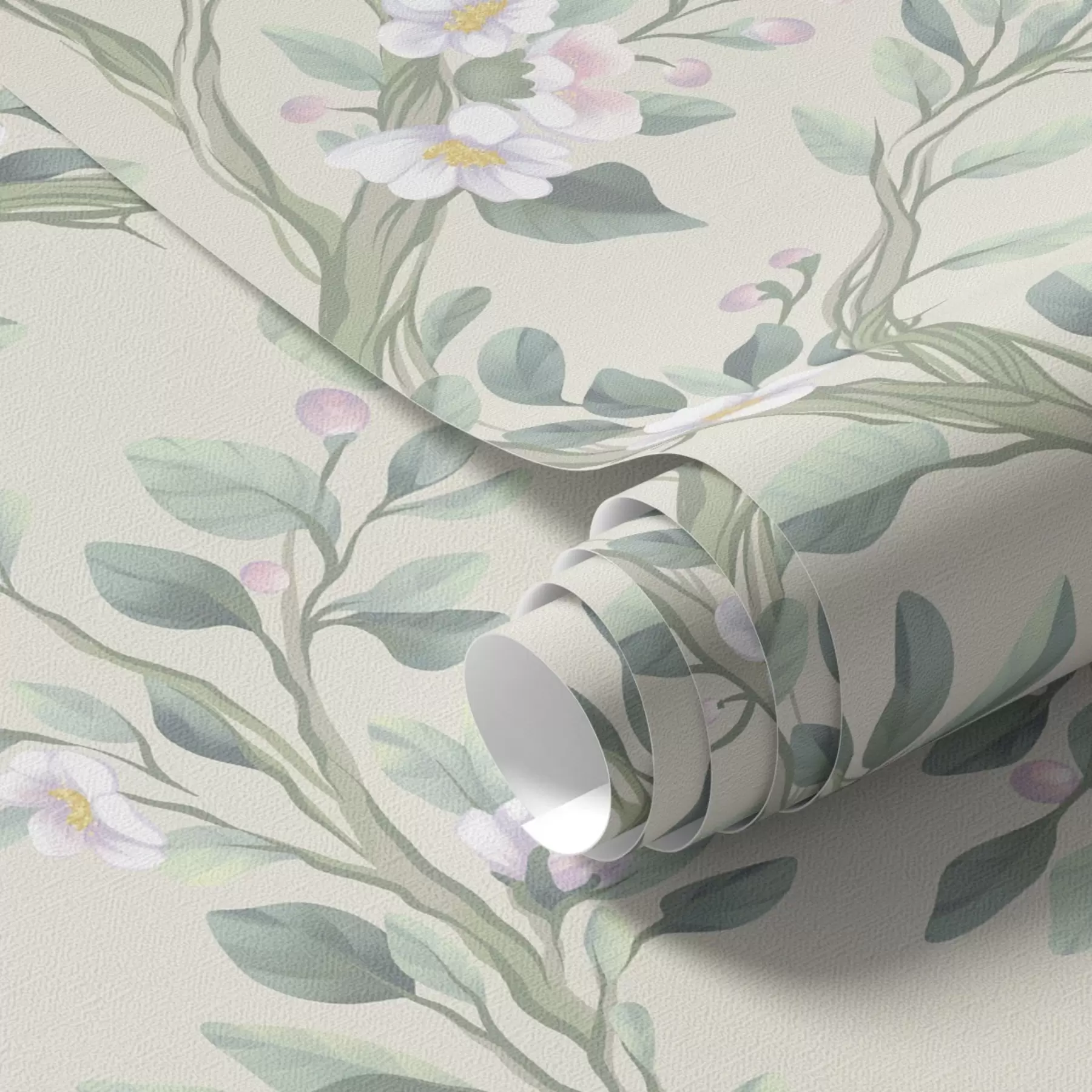 Papier peint photo Branches délicatement fleuries sur fond crème, couleurs pastel a00793