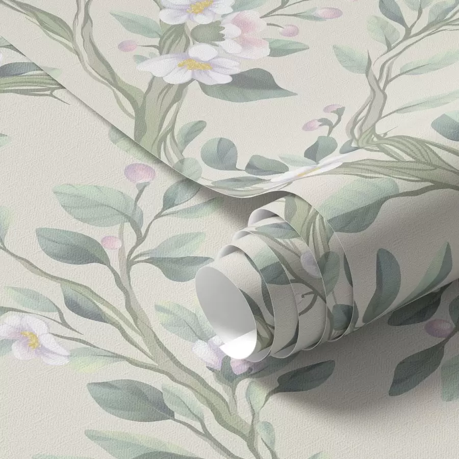 Papier peint photo Branches délicatement fleuries sur fond crème, couleurs pastel a00793