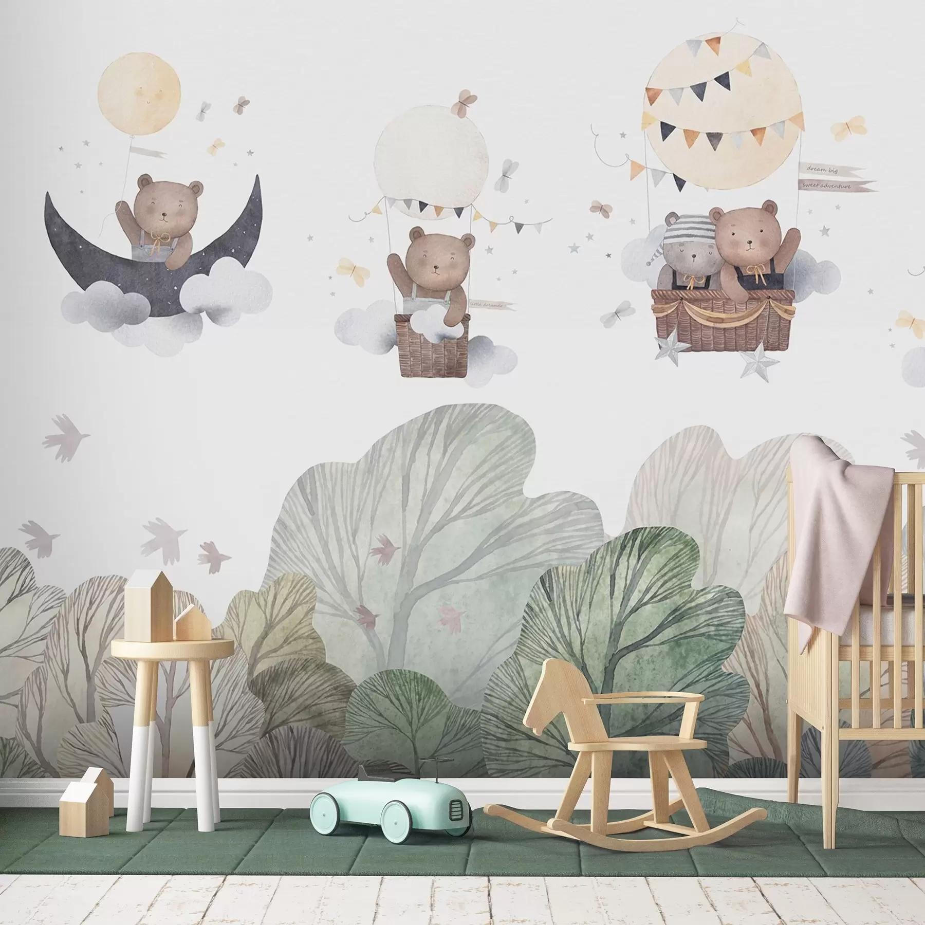 Fotobehang Ballonnen in aquarelstijl met beren boven het bos w09437