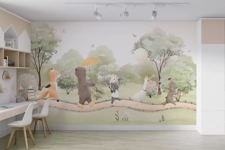 Fotobehang Feestelijke reis van kleine dieren door het bos in aquarelstijl w09440