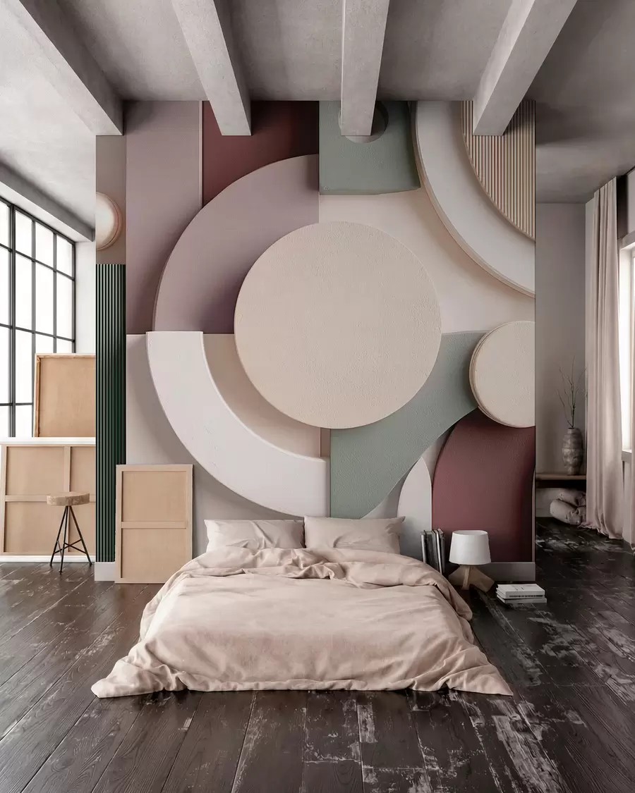 Fotobehang Moderne volumetrische abstractie in zachte tinten w09441