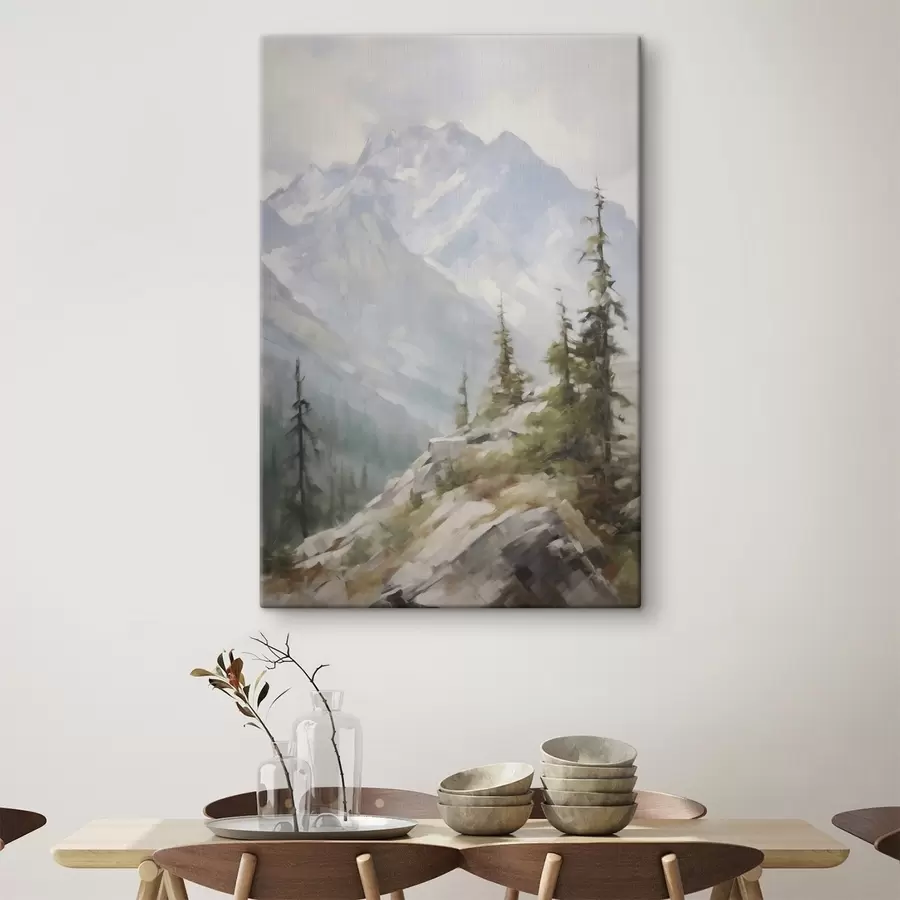  Schilderijen Sparren tegen de achtergrond van bergen s46202