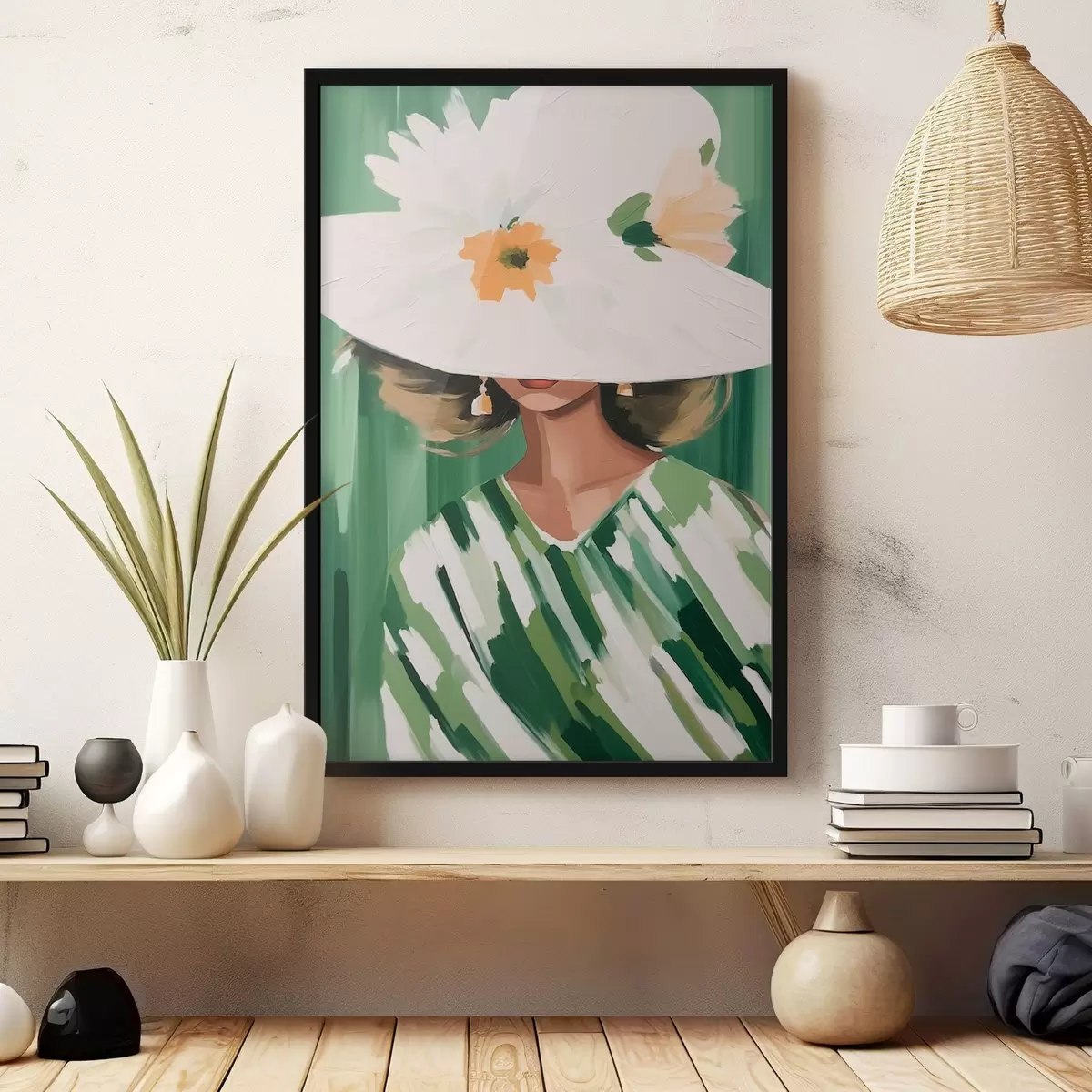 Poster Vrouw met hoed en bloemen f46240