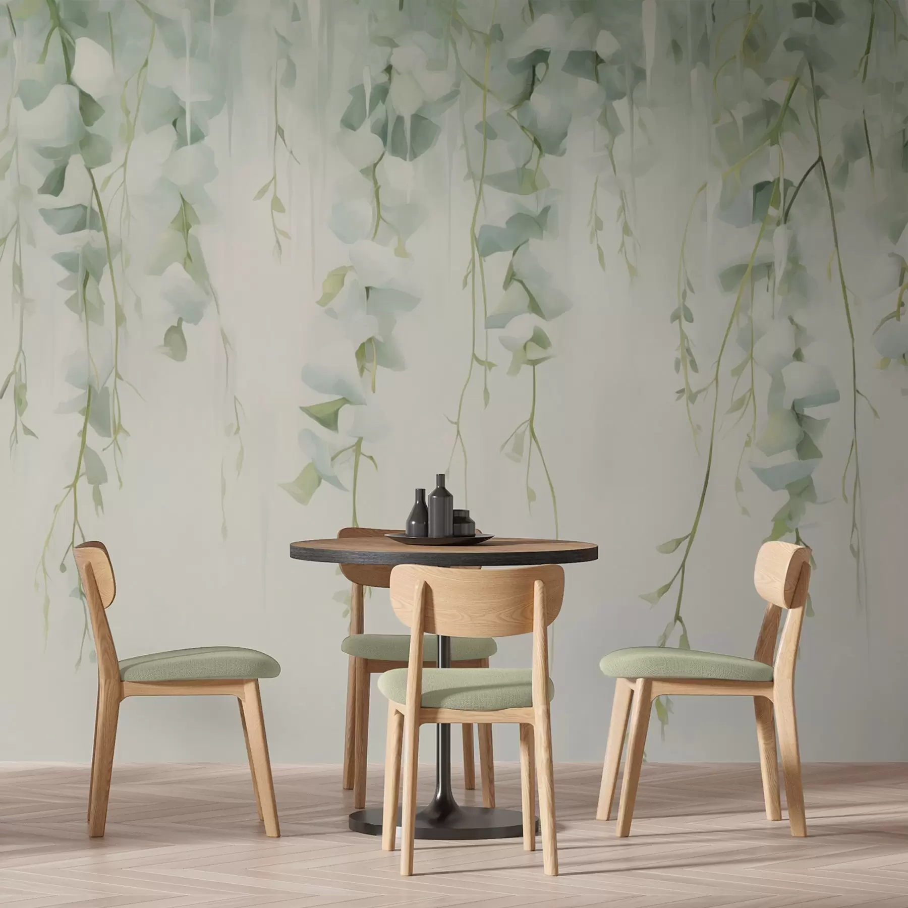 Fotobehang Hangende takken met bladeren w04722