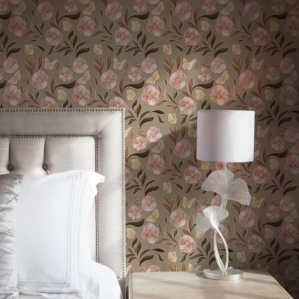 Papier peint Fleurs roses et papillons sur fond beige olive a00633v2