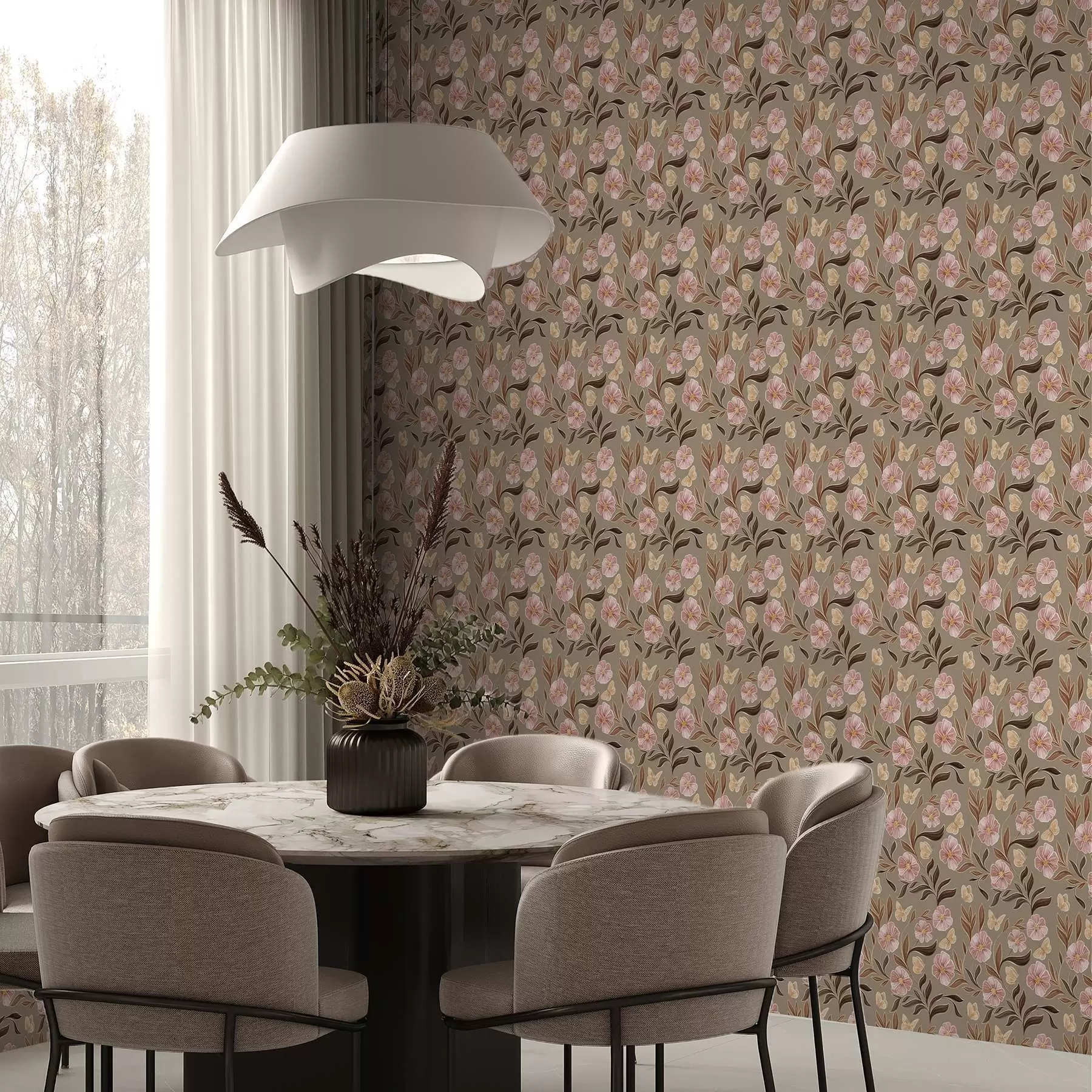 Fotobehang Roze bloemen en vlinders op een olijfbeige achtergrond a00633v2