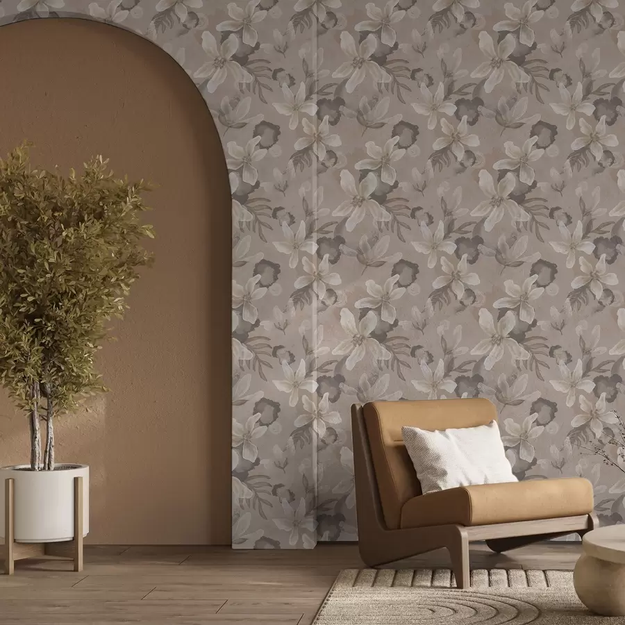 Fotobehang Grote beige bloemen met abstracte waterverfvlekken a00635